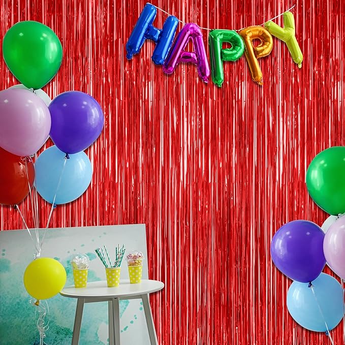 4 Pack Red Backdrop, 3.28 FT x 7.05 FT Party Streamer, Metallic Birthday Tinsel Backdrop Foil Fringe Curtains, Door Streamer for Red Party Decorations Casino Decor Photo Booth Props