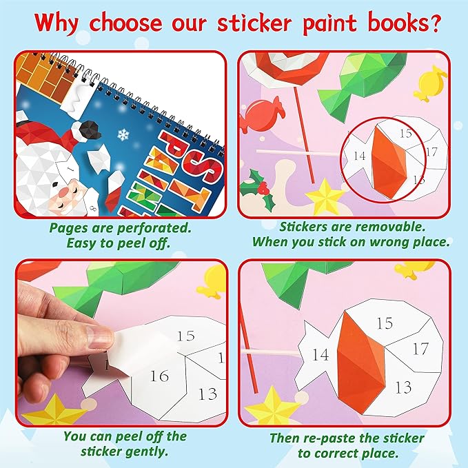 90shine 2PCS Christmas Crafts for Kids Ages 4-8 Sticker Paint Books Gifts Create 22 Pictures