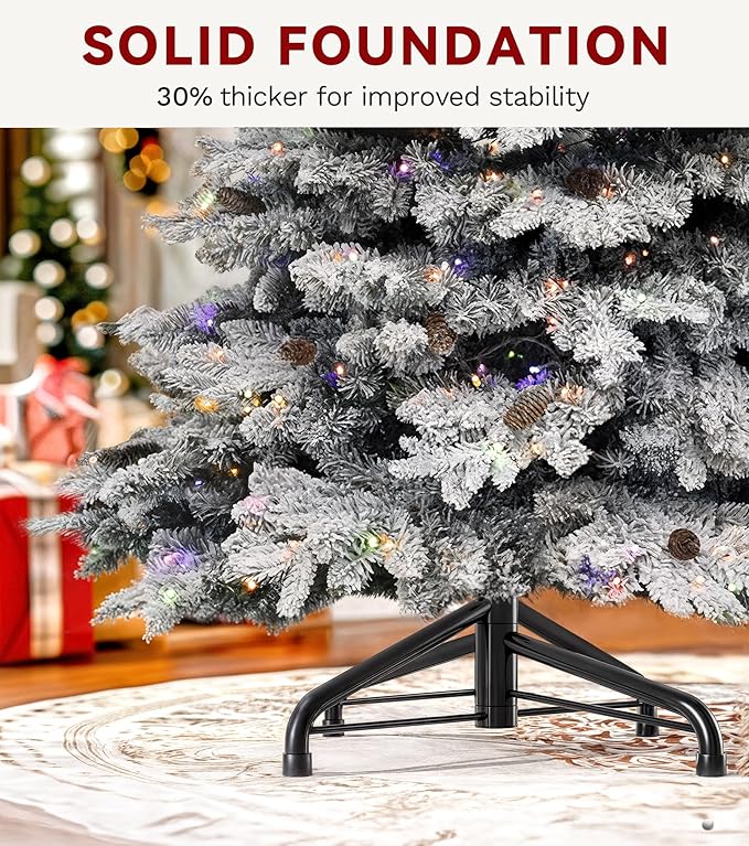 DWVO Flocked Christmas Tree Prelit 7.5ft, Atificial Christmas Tree with 550 LED Lights & 55 Pine Cones, Full Flocked Xmaxs Trees with 1278 Branch Tips, Metal Hinged & Stand Home Party Decoration