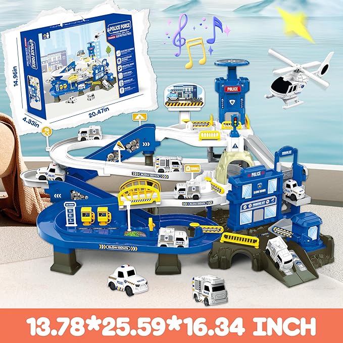 Race Tracks for Kids Ages 3-5, SMILESSKIDDO 73 PCS Police Car Tracks Toys Gifts for Boys Kids with Music and Engineering Scene Simulation, Construction Car Toddler Boy Toys Gift for Ages 3+