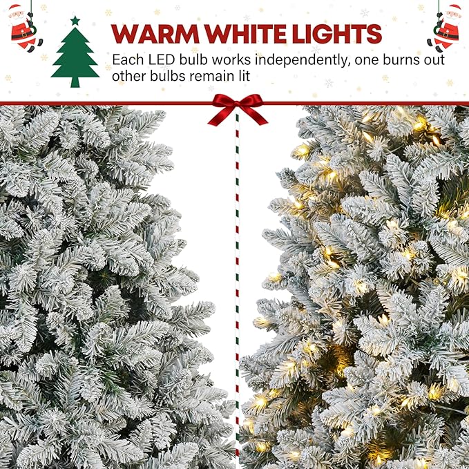 7.5 ft Snow Flocked Christmas Tree, Artificial Holiday Christmas Tree with 450 Warm White Lights, 1446 Frosted Tips, Metal Stand & Hinged Branches, Easy Assembly for Indoor Decorating
