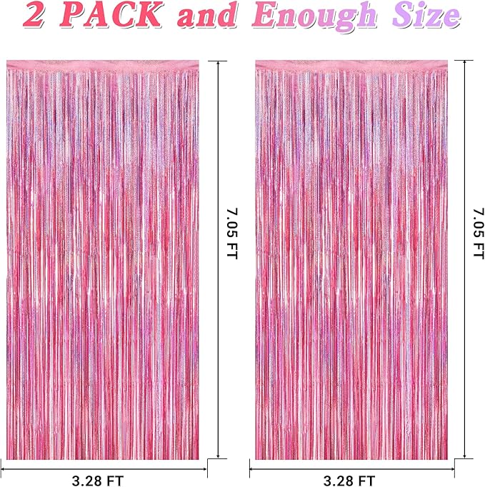 2 Pack Glitter Pink Backdrop, 3.28 FT x 7.05 FT Birthday Party Decorations, Laser Pink Fringe Curtains Foil Streamer Tinsel, Pink Curtains Photo Backdrop Happy Birthday Backdrop