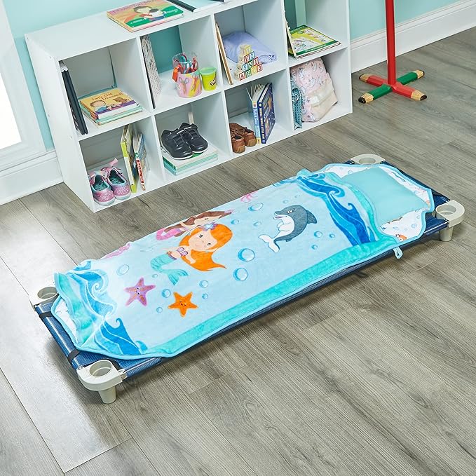 EVERYDAY KIDS Cute Preschooler and Toddler Cot Nap Mat for Home, Daycare, Preschool and Kindergarten; Easy to Roll Sleeping Mat with Elastic Straps, Pillow and Blanket