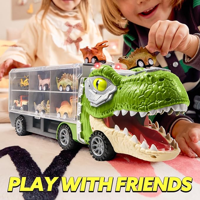 JOYIN 13 in 1 Dinosaur Toys for Kids 3-5, Dinosaur Truck with 12 Pull Back Cars, Small Cars Set, Birthday Gifts Toys for 3 4 5+ Year Old Boy, Transport Carrier Truck for Toddlers 3-4 Years