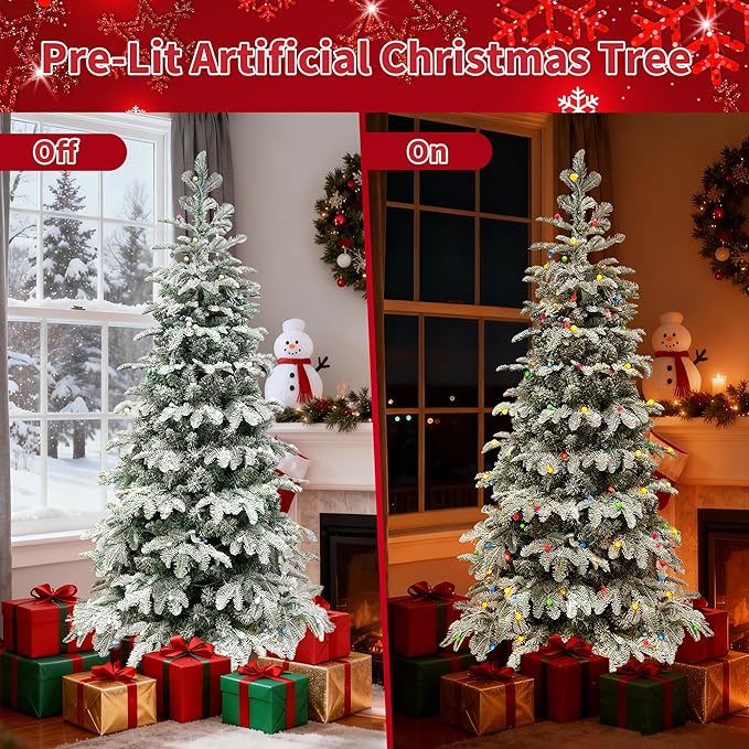 Prelit Christmas Tree 6ft, Artificial Snow Flocked Christmas Tree with 210 Lights, PE & PVC Mixed Layered Tree with Metal Stand, Xmas Tree for Holiday Home Decor
