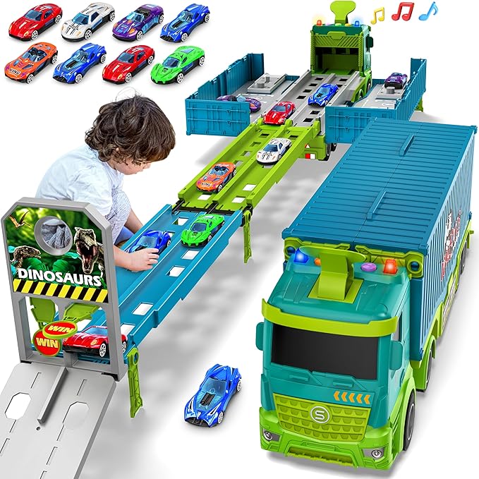 Carrier Truck Race Track Toddler Toys, Foldable 3 Layer Toddler Track Playset, Dinosaur Toy Truck Transport Car Carrier & 8 Race Cars, Truck Car Kids Toy Gifts for Age 3 4 5 6+ Year Old Boys Girls