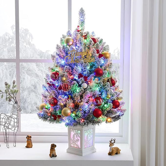 3FT Small Christmas Tree, Artificial Christmas Tree with 100 Lights & Lighting Base, Prelit Mini Tree for Christmas Decor,Tabletop Christmas Tree, 10 Modes Lighting Control, Timer Operated Operated