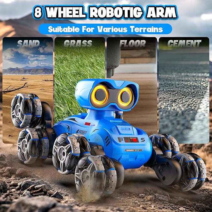 Robot Toys, 8-Wheel Stunt Remote Control Car with Auto-Demonstration, 360° Rotation, LED Eyes, Music, 2.4Ghz, All Terrain Rc Cars, Remote Control Robot for Boys 4-7 6-8 8-12