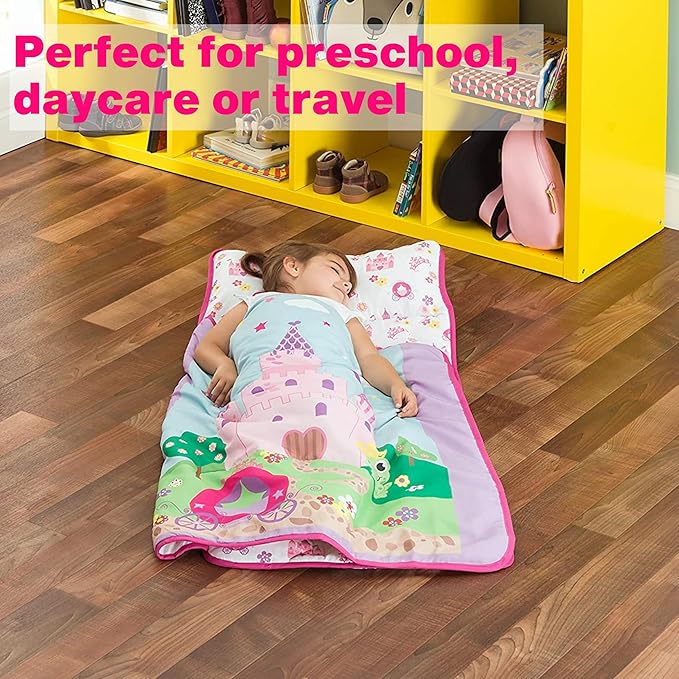 EVERYDAY KIDS Toddler Nap Mat with Removable Pillow -Princess Storyland- Carry Handle with Fastening Straps Closure, Rollup Design, Soft Microfiber for Preschool, Daycare, Sleeping Bag -Ages 2-6 years