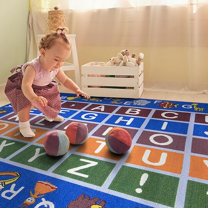 Ottomanson 5' x 6'6" Alphabet Kids Rug - Educational ABC Play Mat for Playroom, Bedroom, Daycare & Classroom - Fun & Interactive Learning Carpet - Durable & Non-Slip for High-Traffic Areas, Blue