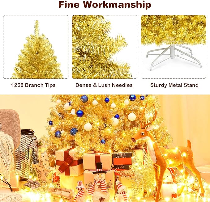 GOFLAME 7.5 FT Christmas Tree, 1036 Branch Tips, Artificial Tinsel Christmas Tree with Metal Stand, Artificial Hinged Christmas Tree for Indoor and Outdoor Holiday Decoration, Champagne Gold