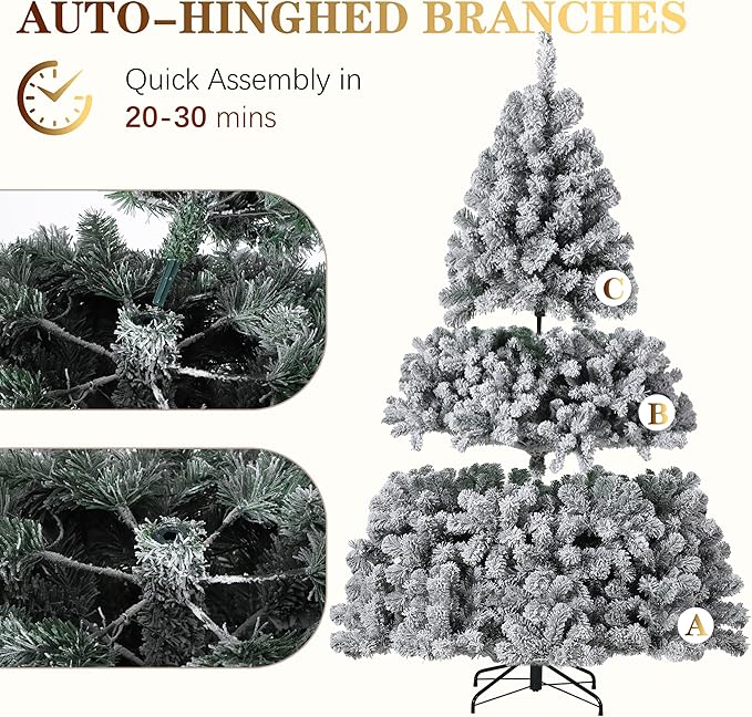 6 ft Christmas Tree, Christmas Decorations with 250 Lights, Pre-lit Artificial Christmas Tree with 710 Snowy White PVC Branches, Flodable Metal Stand＆Easy Assembly