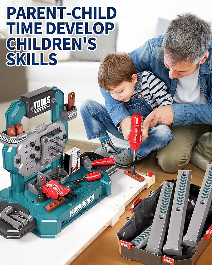 Deejoy Kids Tool Bench with Realistic Tools and Electric Drill, 79 Pcs Realistic Toy Tools with Clothes, Toddler Tool Bench Learning Gift for Boys & Girls Age 3-5 (Green) 32x26.6x14.4 in