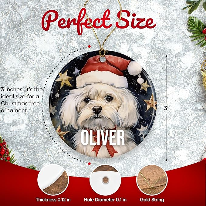 Maltese Personalized Dog Ornament - Pet Ornament for Christmas Tree - 3" Round Ceramic - Printed in USA - Choose from 200 Breeds - Dog Mom & Dad - Xmas Decoration DOG0140
