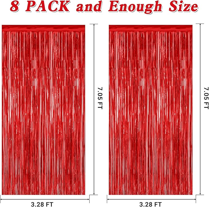 8 Pack Red Backdrop, 3.28 FT x 7.05 FT Streamer Party Decorations, Metallic Foil Fringe Curtains Party Streamer Photo Booth Backdrop, Red Tinsel Canival Theme Party Decor for Engagement Birthday