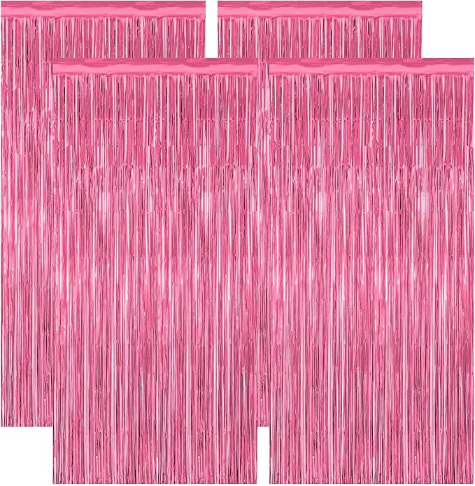 4 Pack Birthday Decorations, 3.28 FT x 7.05 FT Pink Backdrop, Metallic Happy Birthday Backdrop Fringe Curtains Party Streamer, Bachelorette Party Decorations Princes Birthday Party Decor