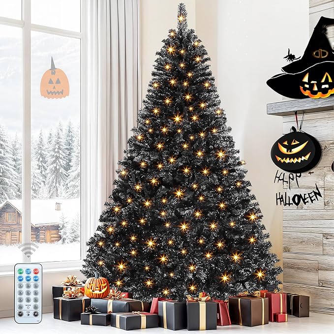 DWVO 7.5ft Pre-lit Black Christmas Tree with Lights, Prelit Halloween ChristmasTtrees with 1600 Tips & 550 UL Listed Lights, Automatic Branches & Easy Assembly with Remote Control for Home Party