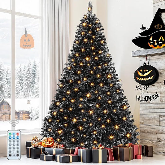 DWVO 7.5ft Pre-lit Black Christmas Tree with Lights, Prelit Halloween ChristmasTtrees with 1600 Tips & 550 UL Listed Lights, Automatic Branches & Easy Assembly with Remote Control for Home Party