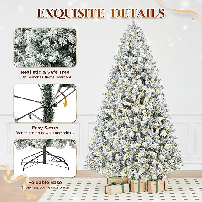 HOLLO STAR 9 ft Flocked Prelit Christmas Tree with 753 LED Lights, App Control, Artificial Christmas Tree, Multi-Color RGBW Lights, 2100 Branch Tips, Snow Xmas Tree, for Home, Party