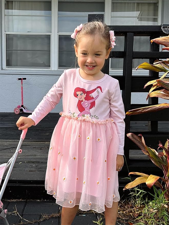 Disney Frozen Elsa Princess Cinderella Ariel Jasmine Rapunzel Baby/Toddler Dress, Ruffle Long-Sleeve Mesh Overlay Tulle Dress