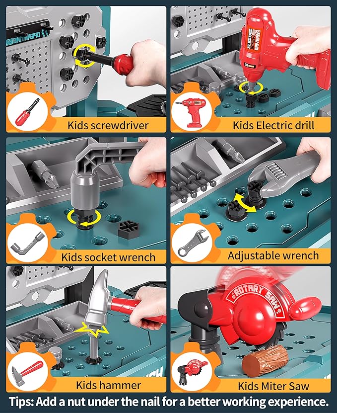 Deejoy Kids Tool Bench with Realistic Tools and Electric Drill, 79 Pcs Realistic Toy Tools with Clothes, Toddler Tool Bench Learning Gift for Boys & Girls Age 3-5 (Green) 32x26.6x14.4 in