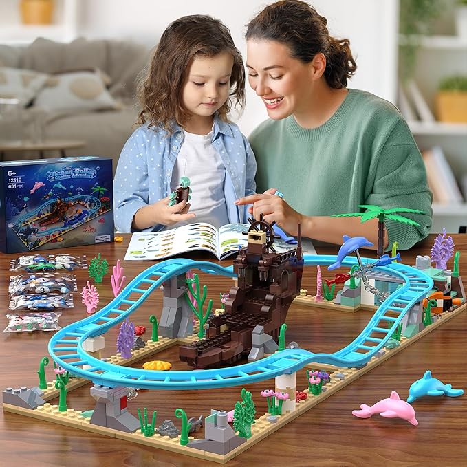 Ocean Roller Coaster Adventure Park Building Set, Friends Blocks Kit with Submarine & Dolphins Railcar Rollercoaster, Gift for Kids Birthday Children's Day Christmas