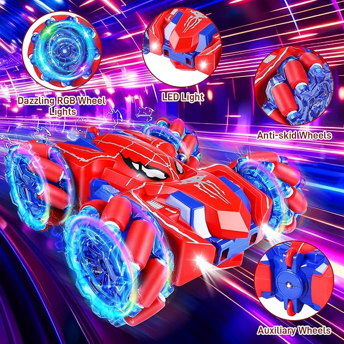 Spider RC Cars for 4 5 6 7 8 Year Old Boys - 2.4Ghz Rechargeable Double Sided Remote Control Stunt Car, 360°Rotating 4WD Off-Road RC Drift Car with Light, Birthday Xmas Gifts for Kids Age 4-6 5-7 8-12