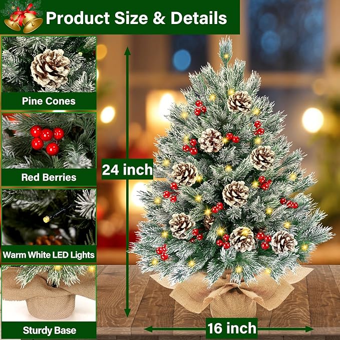 [ 8 Modes & Timer] 24 Inch Realistic Snowy Tabletop Christmas Tree Small Christmas Tree with 50 Warm Lights Battery Operated Red Berries Pine Cone Burlap Base Indoor Home Table Christmas Decorations