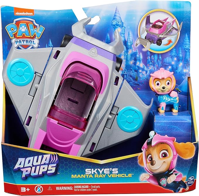 Paw Patrol Aqua Pups Skye Transforming Manta Ray Vehicle with Collectible Action Figure, Kids Toys for Ages 3 and up