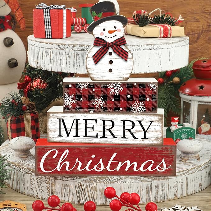 4 Pcs Christmas Table Decoration Snowman Wooden Block Merry Christmas Wood Centerpiece Xmas Red Buffalo Plaid Tabletop Sign Xmas Rustic Farmhouse Tiered Tray Decor for Winter Party Home Shelf Decor
