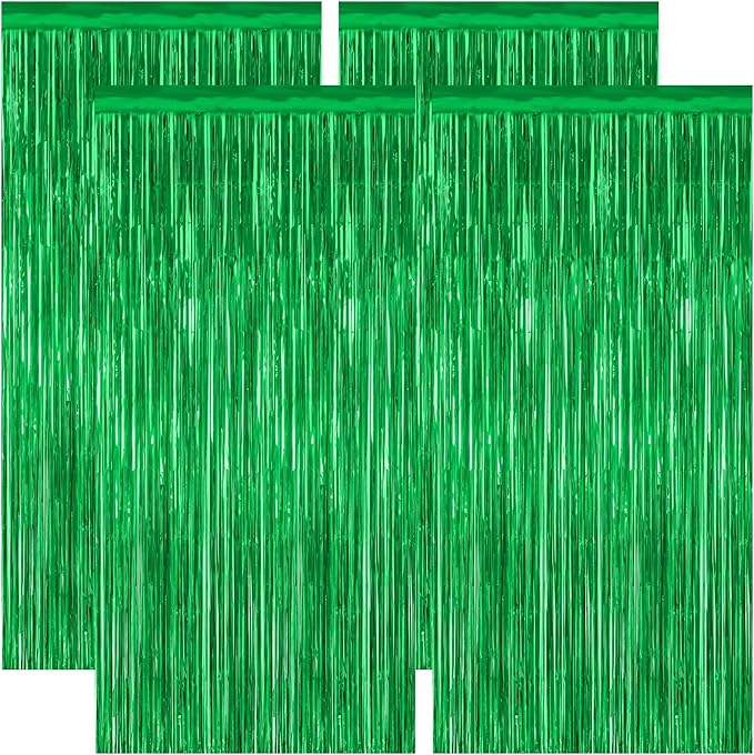 4 Pack Green Streamers, 3.28 FT x 7.05 FT Birthday Tinsel Backdrop, Metallic Foil Fringe Curtains Photo Booth Backdrop, Green Jungle Theme Decorations Birthday Decor