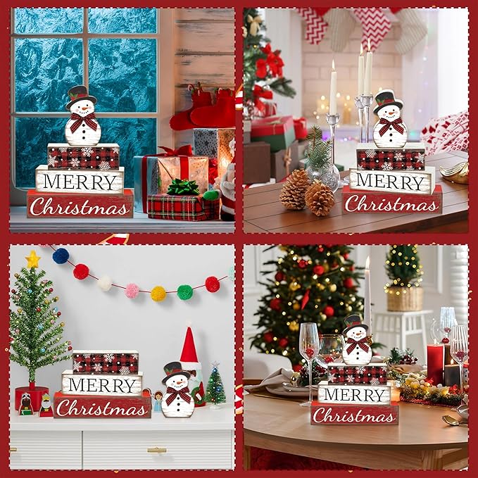4 Pcs Christmas Table Decoration Snowman Wooden Block Merry Christmas Wood Centerpiece Xmas Red Buffalo Plaid Tabletop Sign Xmas Rustic Farmhouse Tiered Tray Decor for Winter Party Home Shelf Decor