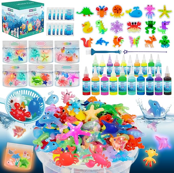 Make 200+ Water Animal, Magic Glow-in-The-Dark Gel Fairy Toy Kit, Aqua DIY Water Squishy kit with 18 Shape Molds,100ml Gels,10 Magic Powder,Birthday Gift, Arts Crafts STEM Kit for Kids