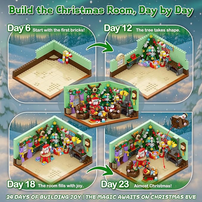 Advent Calendar Building Blocks, 24 Day Christmas Countdown Kit with 669PCS Bricks Set,Santa Sleigh Christmas Tree Xmas Friends Room Holiday Decorations Gifts for Kids Boys Girls