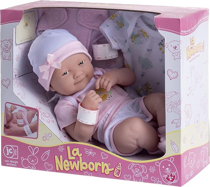 8 piece Layette Baby Doll Gift Set | JC Toys - La Newborn Nursery | 14" Life-Like Smiling Doll w/ Accessories | Pink | Ages 2+, Pink Smiling