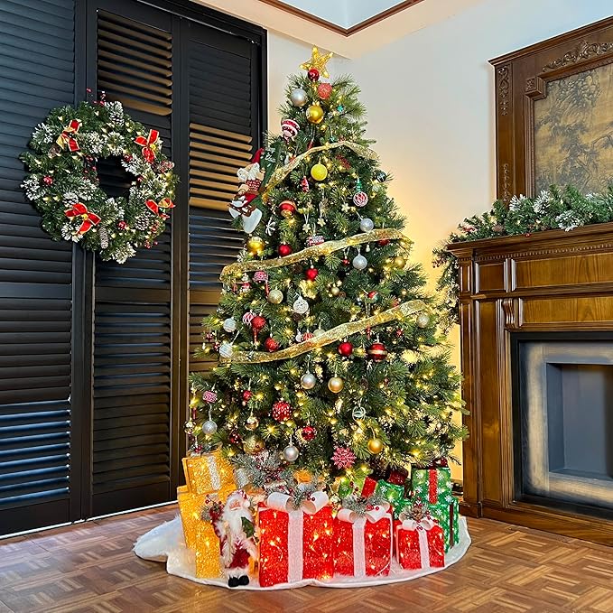 Hykolity 7.5 ft Pre-lit Christmas Tree, Artificial Christmas Pine Tree with 450 Warm White LED Lights, 1580 PVC Branch Tips & Needles, Metal Stand and Hinged Branches