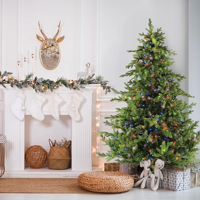 Fraser Hill Farm 7.5-ft. Woodside Pine Christmas Tree with Dual Multicolor & Warm White LED Lights, Fake Tree with Remote Control, Easy Set Up and Easy to Connect