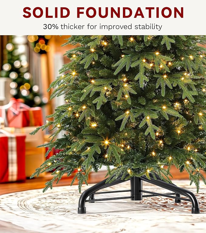 DWVO 6ft Prelit Christmas Tree with Lights, Full Downswept Artificial Fir Twinkle Christmas Tree with 1628 Metal Hinged Flame Resistant PE & PVC Branches and 300 Lights 11 Modes Remote Controlled