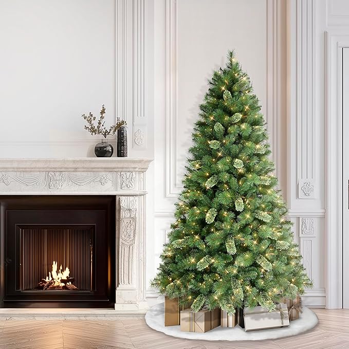 Puleo International 6.5ft Pre-Lit Teton Pine Christmas Tree with 400 Clear Lights, 1023 Realistic Dense Branch Tips, Easy Setup Artificial Trees with Sturdy Metal Stand