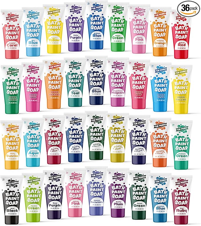 Tub Works® Bath Paint Soap, 36 Pack | Non-Toxic, Washable Bath Paint for Toddlers & Kids Bath | Toddler Bath Toys for Finger Painting in the Tub | Classic, Pastel, Neon & Sparkling Bath Colors
