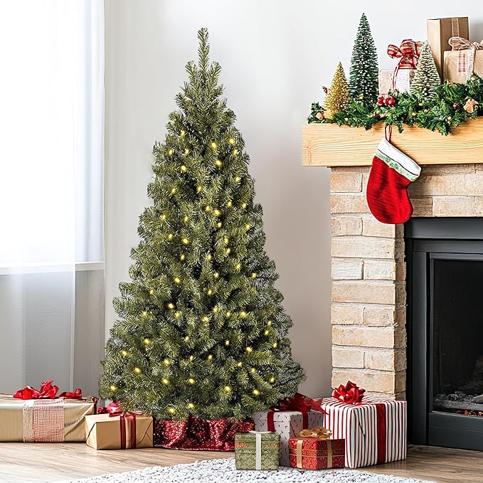 Annecy 4.5ft Pre-Lit Christmas Tree, Green Artificial Full Spruce Christmas Tree w/ 400 Branch Tips, 200 Warm White & Multi-Color Lights for Home, Office, Decoration, Metal Hinges & Base, Green 4.5 ft