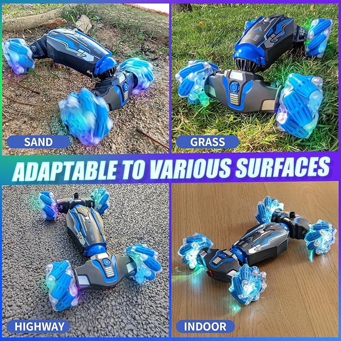4WD Stunt Car, 2.4 GHz Gesture Sensor RC Cars, Double-Sided Vehicle 360° Flip RC Twist Buggy with Music Spray - Best Christmas and Birthday Present for Boys and Girls Aged 6-12 (Blue)