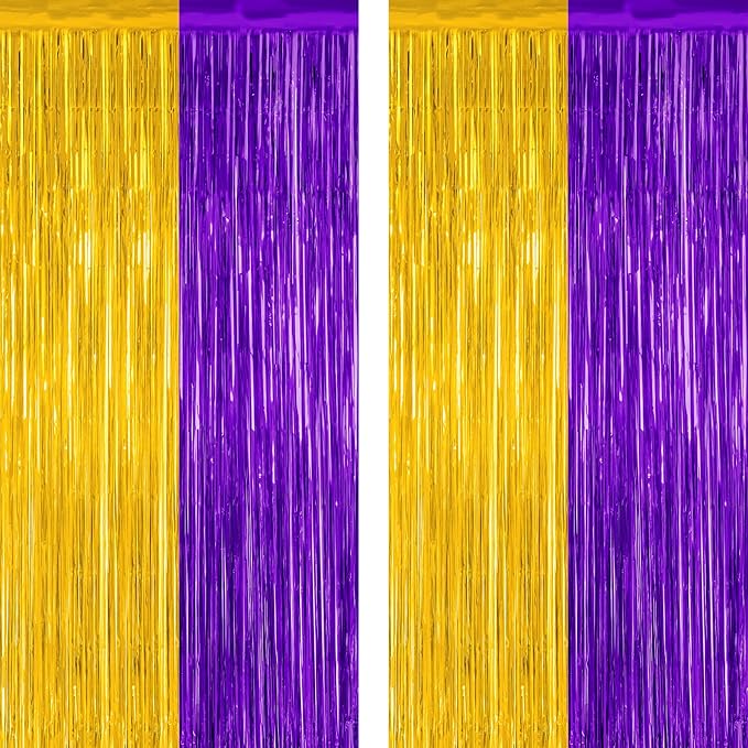 2 Pack Graduation Backdrop, 3.28 FT x 7.05 FT Grad Party Decorations 2025, Purple Gold Backdrop Foil Fringe Curtains, Metallic Purple and Gold Graduation Decorations Class of 2025 Decor