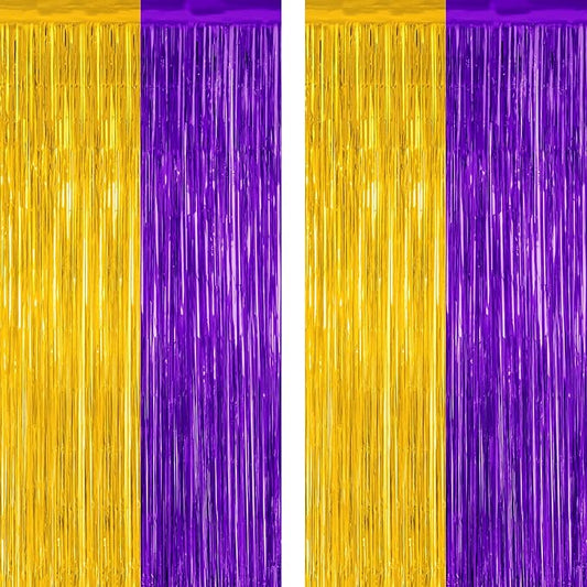 2 Pack Graduation Backdrop, 3.28 FT x 7.05 FT Grad Party Decorations 2025, Purple Gold Backdrop Foil Fringe Curtains, Metallic Purple and Gold Graduation Decorations Class of 2025 Decor
