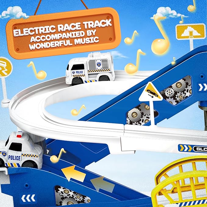 Race Tracks for Kids Ages 3-5, SMILESSKIDDO 73 PCS Police Car Tracks Toys Gifts for Boys Kids with Music and Engineering Scene Simulation, Construction Car Toddler Boy Toys Gift for Ages 3+