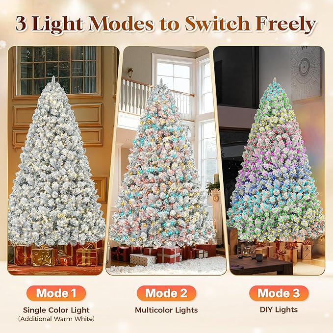 HOLLO STAR 12 ft Flocked Prelit Christmas Tree with 1097 LED Lights, App Control, Artificial Christmas Tree, Multi-Color RGBW Lights, 4000 Branch Tips, Snow Xmas Tree, for Villa, Mall, Party