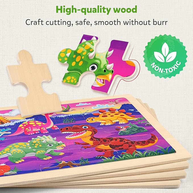 SYNARRY Large Wooden Dinosaur Puzzles for Toddlers 3-5, Wood Dino Puzzles for Kids Ages 4-6, Dinosaur Toys for Kids 3-5, Preschool Educational Children Learning Gifts for 3 4 5 Year Old Boys Girls