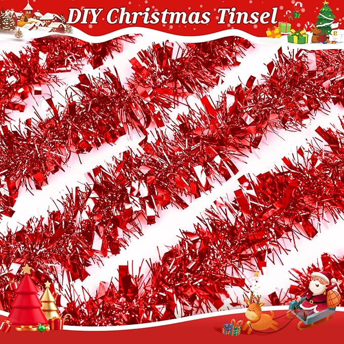 50Ft Christmas Tinsel Garland Red Xmas Tree Decorations Valentine Metallic Glitter Twist Garland for Christmas Decorations Party Anniversary Birthday Holiday Supplies Indoor Outdoor Supplies