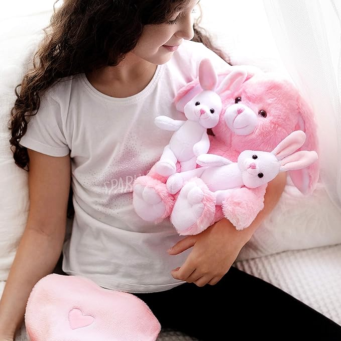 Perfectto Design Easter Gifts for Kids, Stuffed Bunny Toy 5 Pcs - Mommy Stuffed Rabbit, 2 Baby Bunnies and Furry Bag. Soft Easter Bunny Plush Gift for Kids 3-5