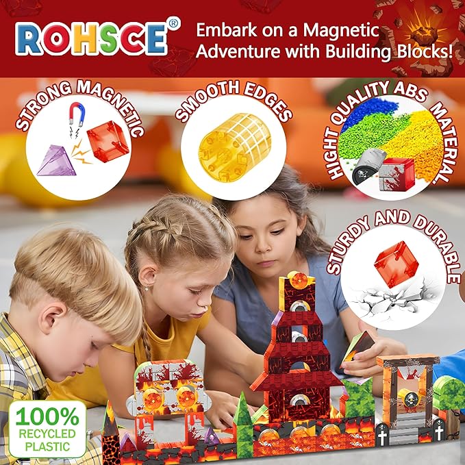 Magnetic Blocks 122PCS - Flame Theme Translucent Shapes, STEM Preschool Construction kit, Safe ABS no-Odor, CPC ASTM Compliant, Travel-Ready Ages 3–12, Ideal Birthday